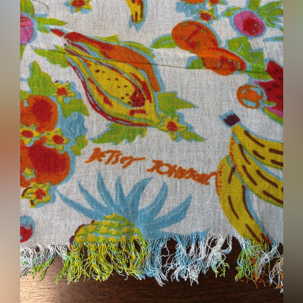 Betsey Johnson Tropical Fruit Scarf Wrap 27x80 Banana Pineapple Viscose Fringe